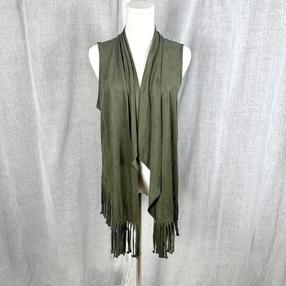 Open Front Ultra Suede Vest Tassels Size S/M Festival Boho Olive Green‎ Vegan